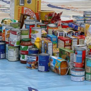 Food pantry donations on table